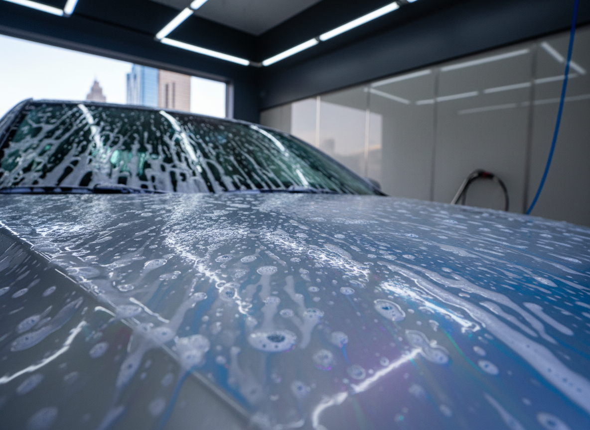 A close-up, highly detailed photographic shot of a car’s metallic silver hood and windshield covered in thick, iridescent foam at a high-end wash station. Tiny water droplets and soap bubbles sparkle under cool, focused LED lighting mounted above the bay. The reflections of a clean, modern car wash structure and a hint of Atlanta’s urban architecture appear softly in the glass. Captured from a low, angled macro perspective with shallow depth of field, the background fades into a soft bokeh of wash equipment and stainless-steel surfaces. The atmosphere is dynamic and energetic, emphasizing meticulous, premium automotive care.
