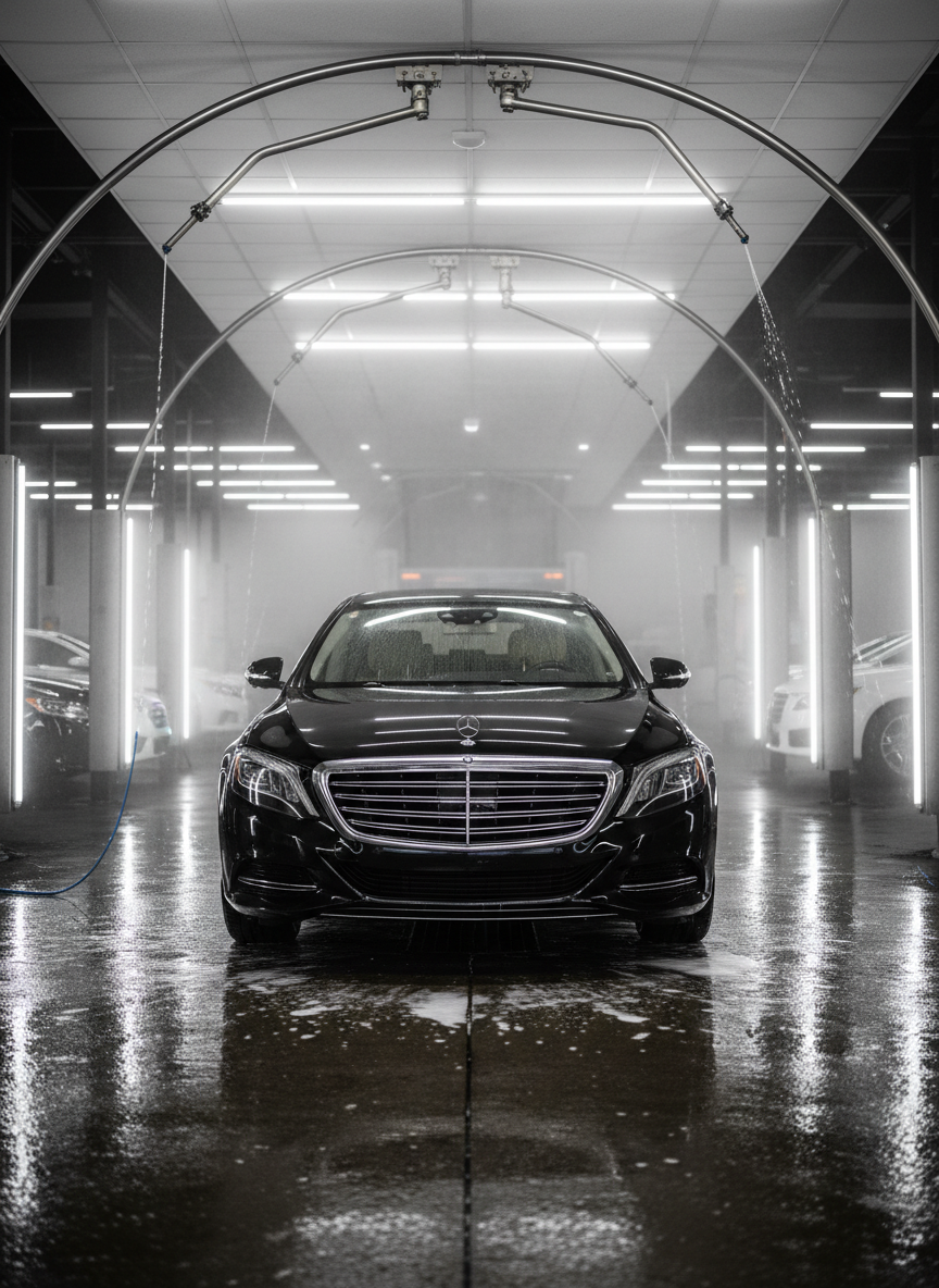 A sleek black luxury sedan covered in a fine mist of water beads, parked precisely on a glossy, wet concrete bay at a premium Atlanta car wash facility. High-end stainless steel arches curve overhead, releasing gentle streams of water and foam. Cool white LED strip lights run along the ceiling, reflecting crisply off the car’s mirror-like paint and the puddles below. Shot at eye level in photographic realism, with sharp focus on the vehicle and a slightly blurred, spacious interior featuring multiple service bays in the background. The mood is polished, professional, and high-tech, conveying an enterprise-level full-service automotive care experience.