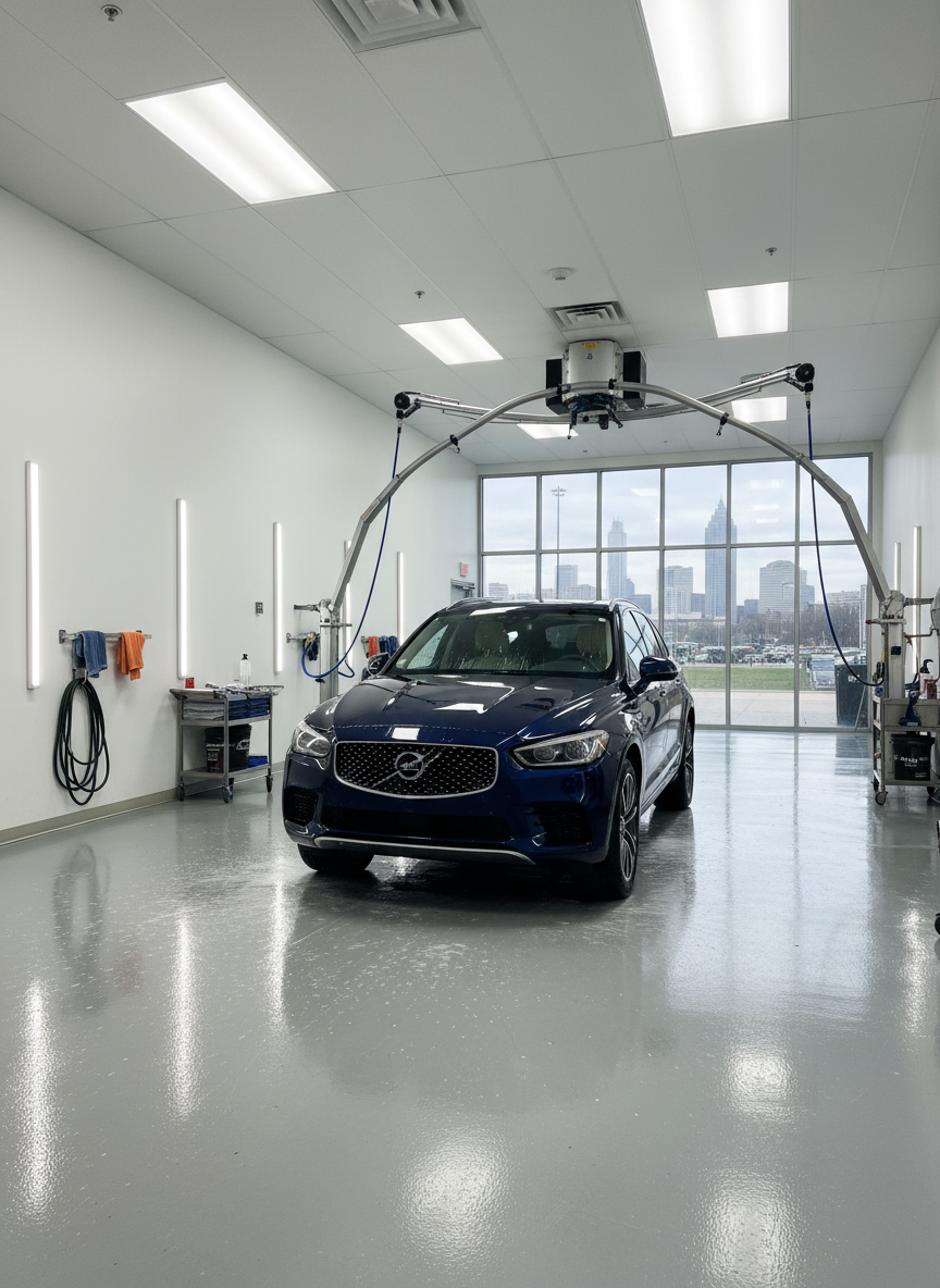 An immaculate dark blue SUV in the middle of a full-service detailing process at a modern Magic Car Wash interior, with its surface gleaming under bright, even overhead lighting. The vehicle is positioned slightly off-center on a pristine light gray epoxy floor, surrounded by neatly organized premium equipment: touchless washing arms, high-pressure nozzles, and overhead foam sprayers. The background shows multiple parallel wash lanes and a subtle hint of the Atlanta skyline through large glass windows. Photographic realism with a wide-angle, slightly elevated perspective, capturing the scale and efficiency of a large, enterprise-grade automotive care facility. The overall mood is professional, efficient, and premium.